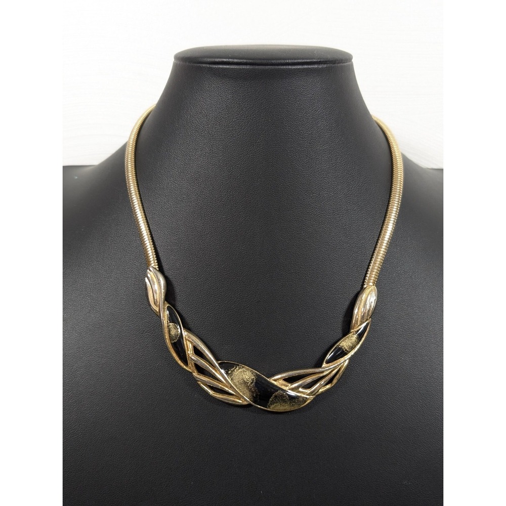 Vintage Gold Tone Omega Chain Necklace Black Enamel V Bar Statement 16" - Picture 1 of 11